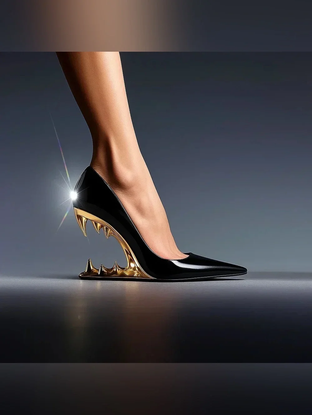 Women's Open Mouth Gold Fang Patent Leather Wedge Heels, Black 9